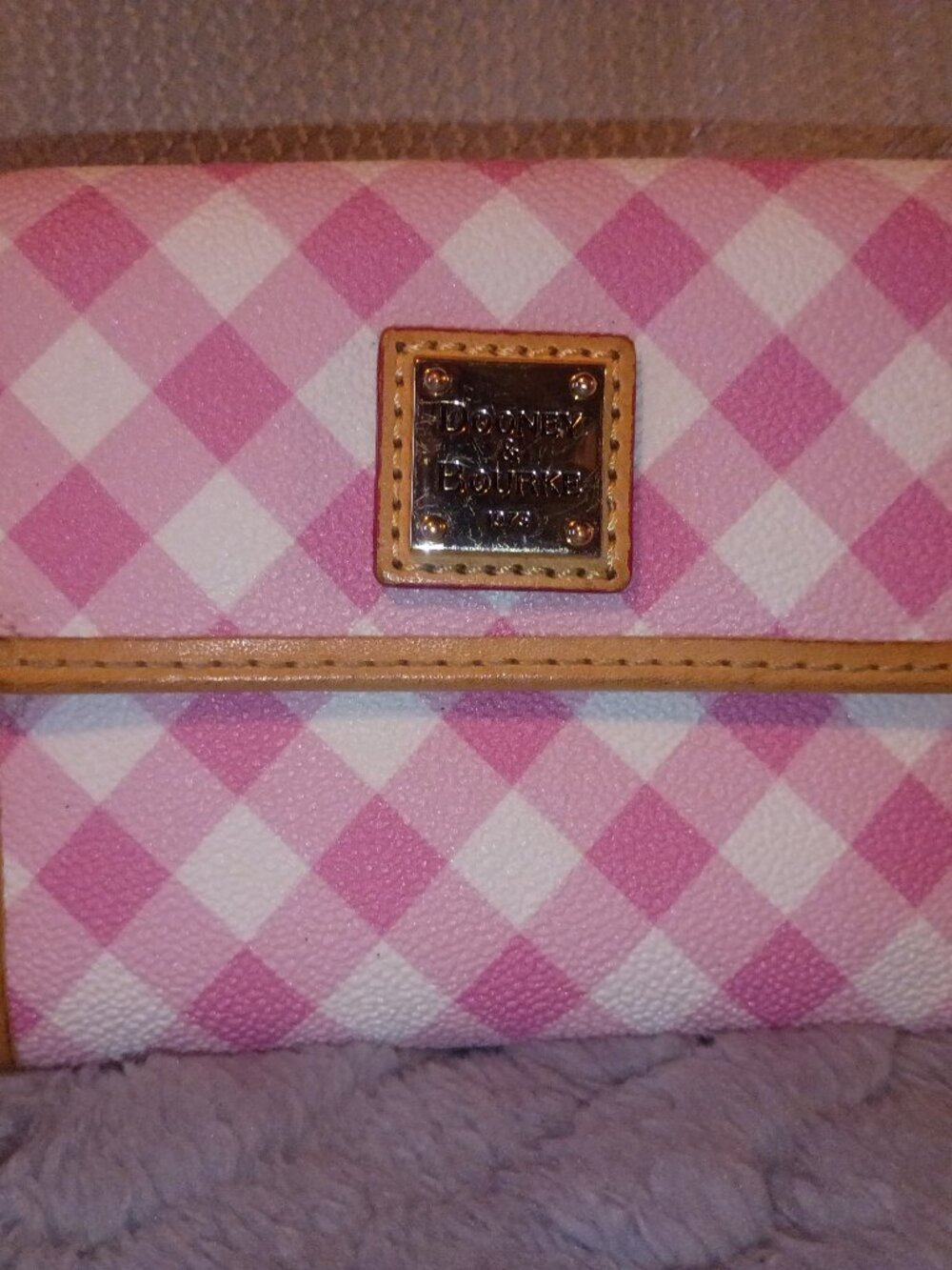 Dooney & Bourke Pink Gingham Coated Cotton Trifold Wallet